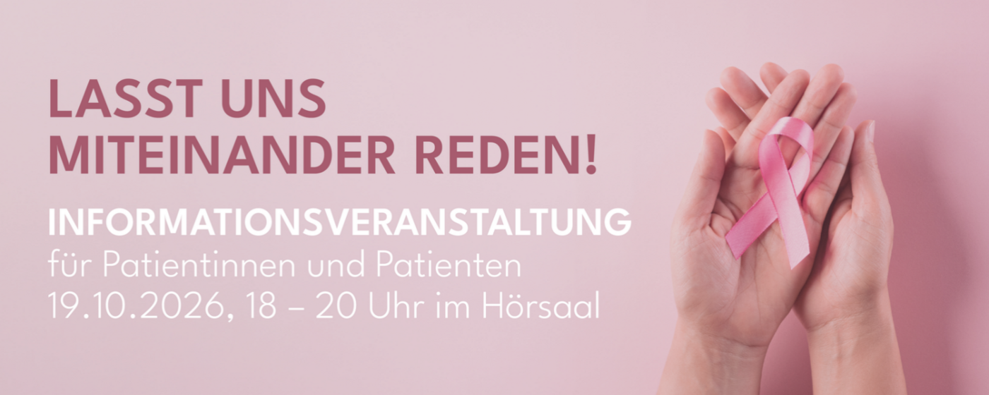Hände halten eine Brustkrebsschleife - Text wirbt für die Veranstaltung