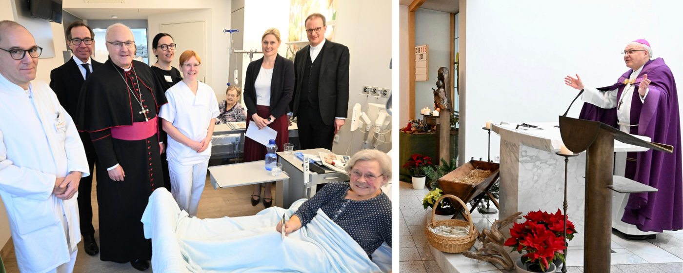 Das Bild im Patientenzimmer zeigt neben Bischof Voderholzer(3.v.l.), Diözesan-Caritasvorsitzenden Domkapitular Michael Dreßel (r.), Prof. Dr. Sylvia Pemmerl (2.v.r.), Geschäftsleitung und Medizinisch-Ärztliche Direktorin in St. Josef, den Ärztlichen Direktor Prof. Dr. Olaf Ortmann (2.v.l.) sowie den Stellvertretenden Ärztlichen Direktor, Prof. Dr. Maximilian Burger (l.), die Direktorin für Pflege- und Patientenmanagement Alexandra Stich (4.v.l.) sowie Stationsleitung Susanne Spitzl im Patientenzimmer von Ingrid A. sowie Walburga S. (im Hintergrund), die sich sehr über den Besuch gefreut haben.