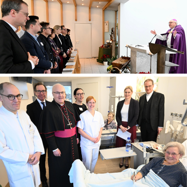 Das Bild im Patientenzimmer zeigt neben Bischof Voderholzer(3.v.l.), Diözesan-Caritasvorsitzenden Domkapitular Michael Dreßel (r.), Prof. Dr. Sylvia Pemmerl (2.v.r.), Geschäftsleitung und Medizinisch-Ärztliche Direktorin in St. Josef, den Ärztlichen Direktor Prof. Dr. Olaf Ortmann (2.v.l.) sowie den Stellvertretenden Ärztlichen Direktor, Prof. Dr. Maximilian Burger (l.), die Direktorin für Pflege- und Patientenmanagement Alexandra Stich (4.v.l.) sowie Stationsleitung Susanne Spitzl im Patientenzimmer von Ingrid A. sowie Walburga S. (im Hintergrund), die sich sehr über den Besuch gefreut haben.